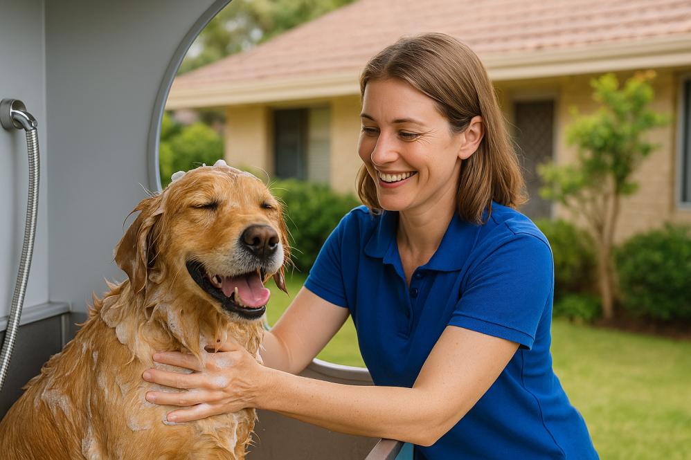 Woman washing happy golden retriever in mobile dog wash in Mandurah