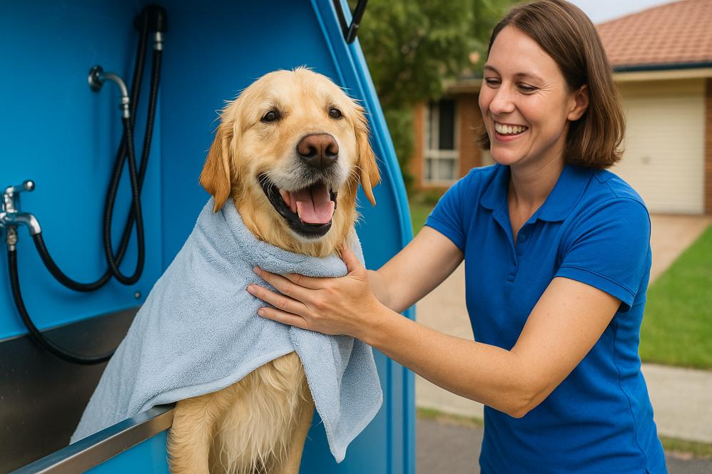 Golden retriever being dried in mobile dog wash trailer in Mandurah