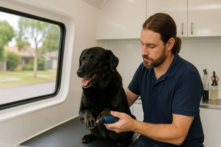 Dog nail trimming inside a mobile grooming van in Mandurah