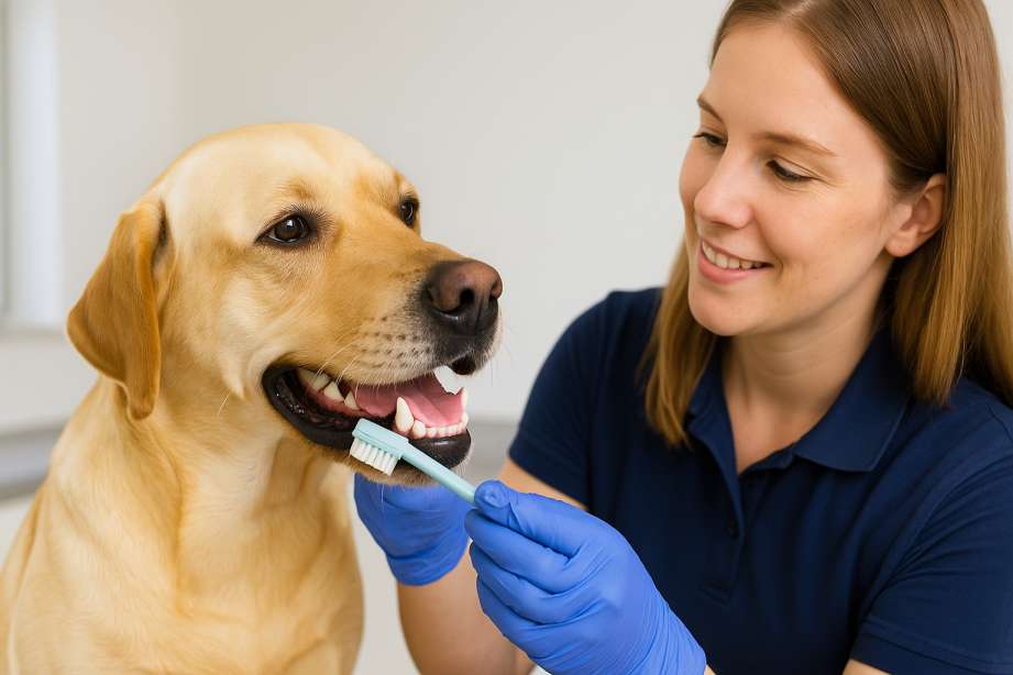 Staff member gently brushing a Labrador’s teeth during a mobile dog wash session in Mandurah