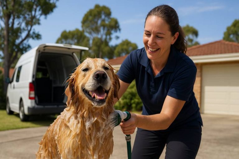 Mobile dog wash in Mandurah with happy Golden Retriever