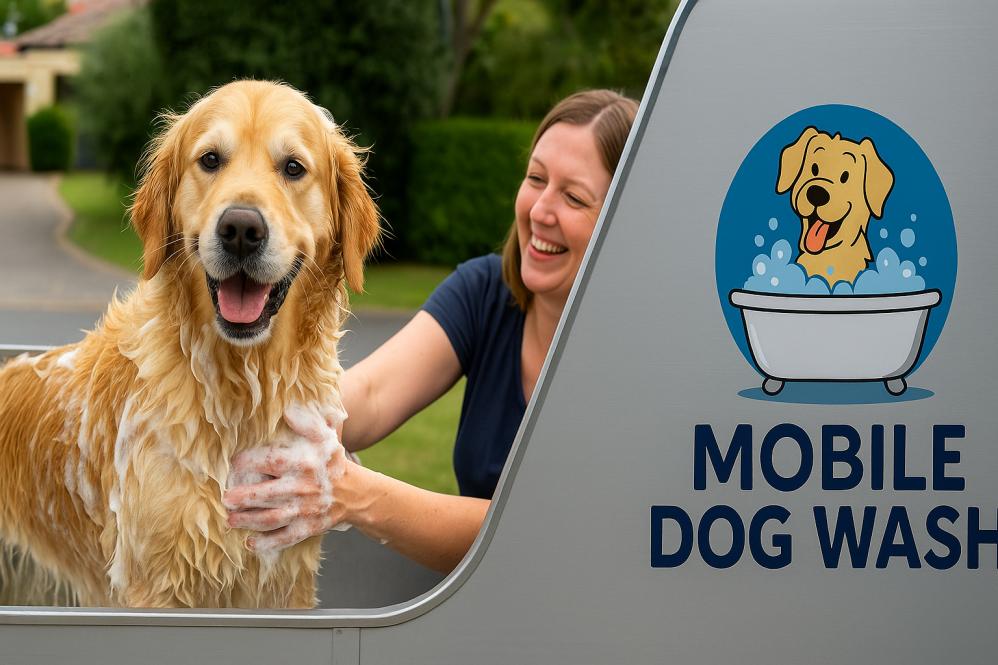 Dog getting a gentle scrub in a Mandurah mobile dog wash trailer