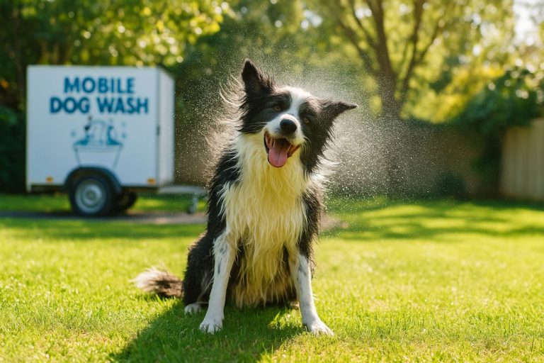 Freshly washed dog in Mandurah enjoying a backyard after mobile grooming