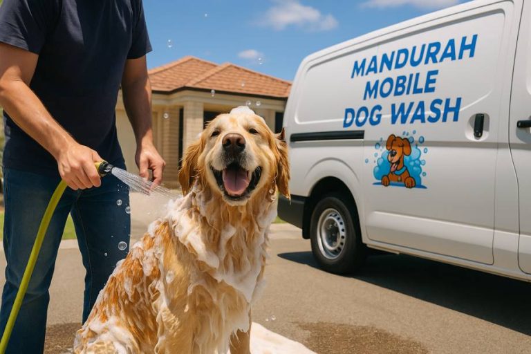Dog washing in Mandurah using a mobile dog wash van