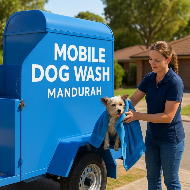 Mobile dog wash Mandurah trailer with woman drying small dog