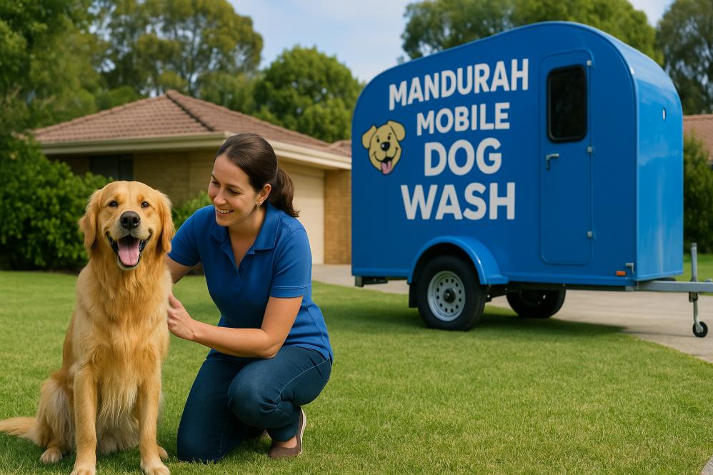 Smiling dog and carer beside mobile dog wash trailer in Mandurah
