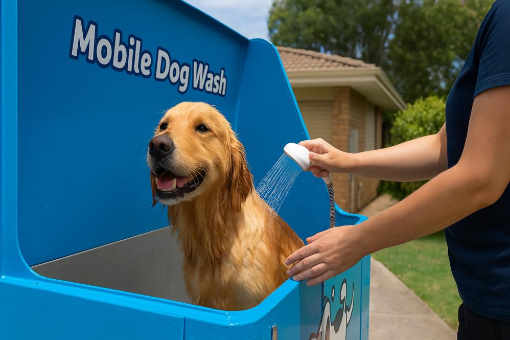 Golden retriever getting a warm water wash in mobile dog wash Mandurah