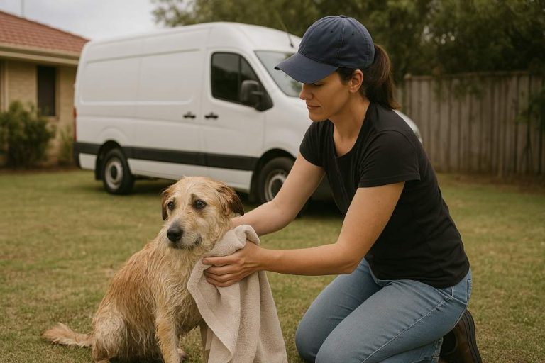 Friendly Mandurah mobile dog washer gently bathing a nervous dog in backyard